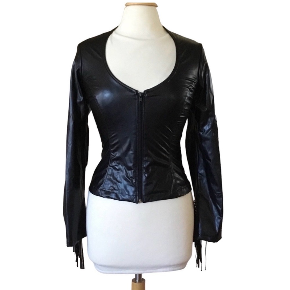 Vintage 80’s 90’s Frederick’s of Hollywood Pleather Back Lace Tie Fringe Jacket - Picture 8 of 14